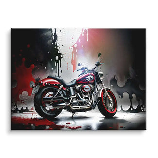 Leinwandbild mit rotem Motorrad im Splash-Design vor abstraktem Hintergrund