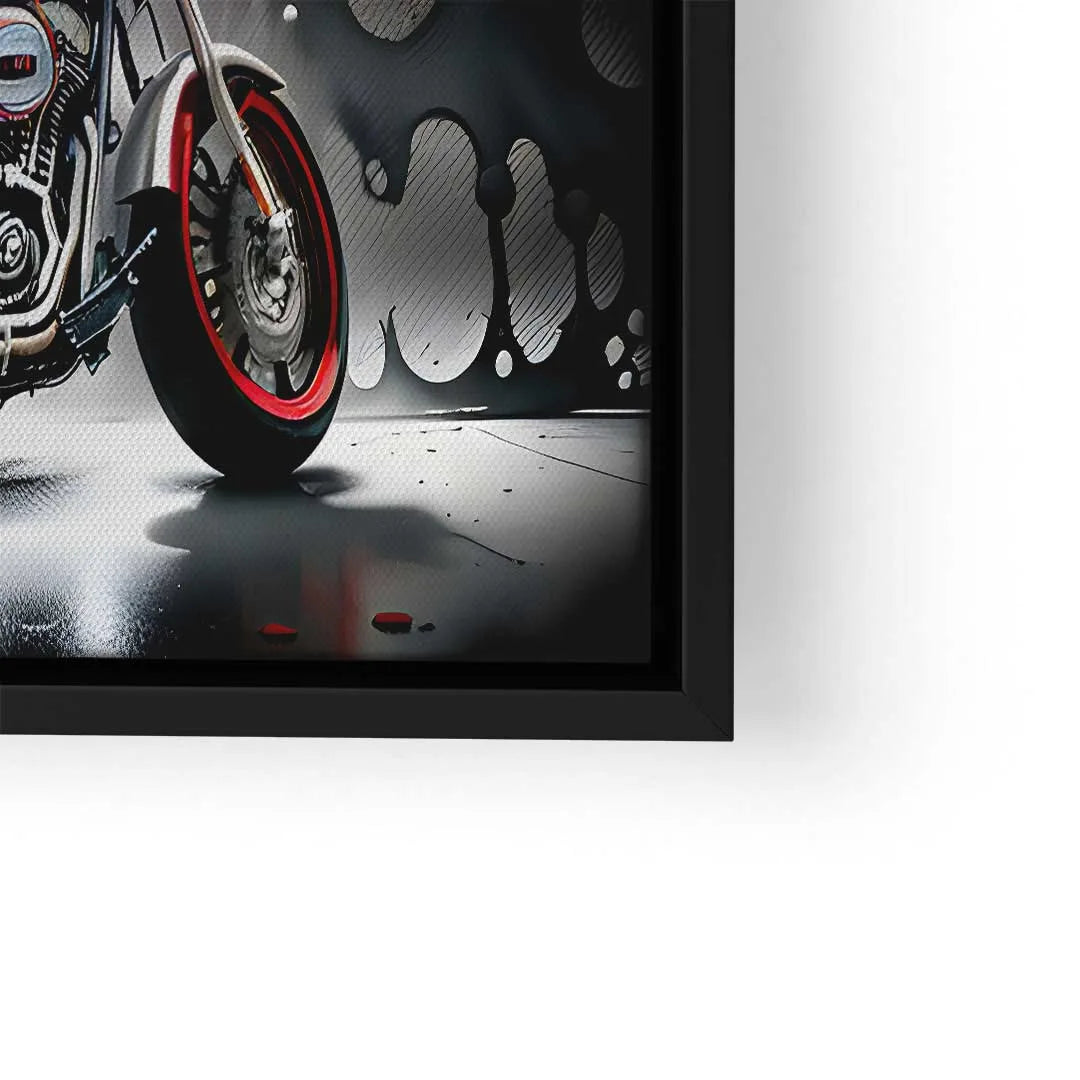 Modernes Wandbild mit Motorrad, Graffiti-Effekt und schwarzem Rahmen, Kunst für Wohnzimmer