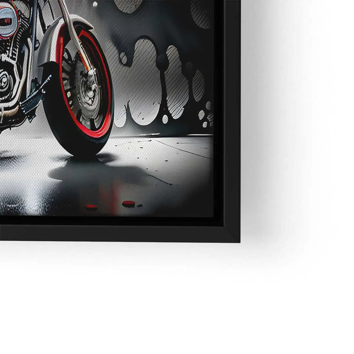 Modernes Wandbild mit Motorrad, Graffiti-Effekt und schwarzem Rahmen, Kunst für Wohnzimmer