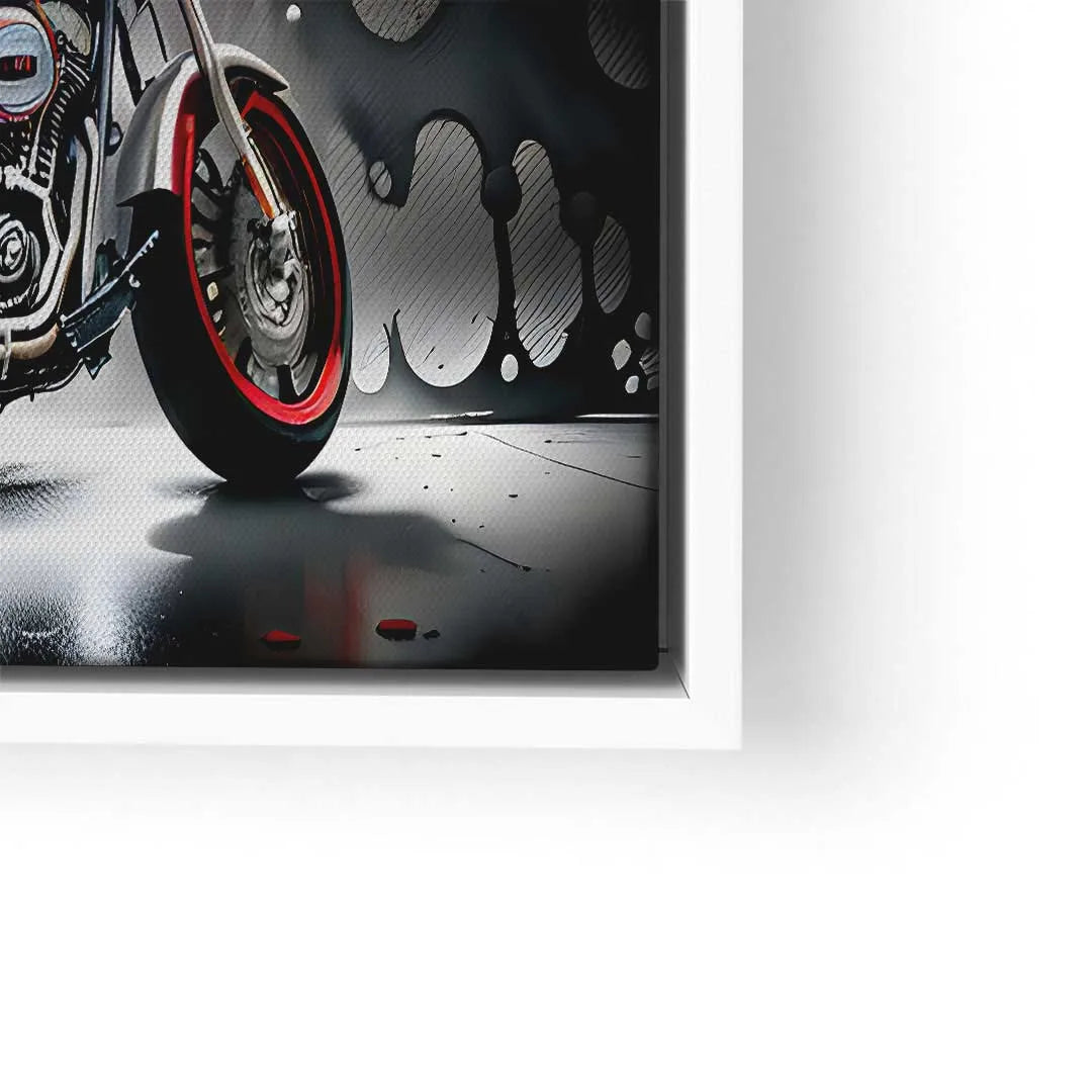 Modernes Wandbild mit Motorrad im Comic-Stil und abstrakter Splash-Kunst, Rahmen weiß