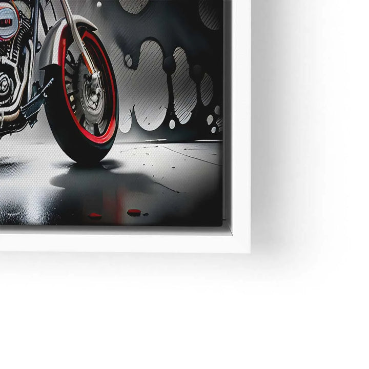 Modernes Wandbild mit Motorrad im Comic-Stil und abstrakter Splash-Kunst, Rahmen weiß