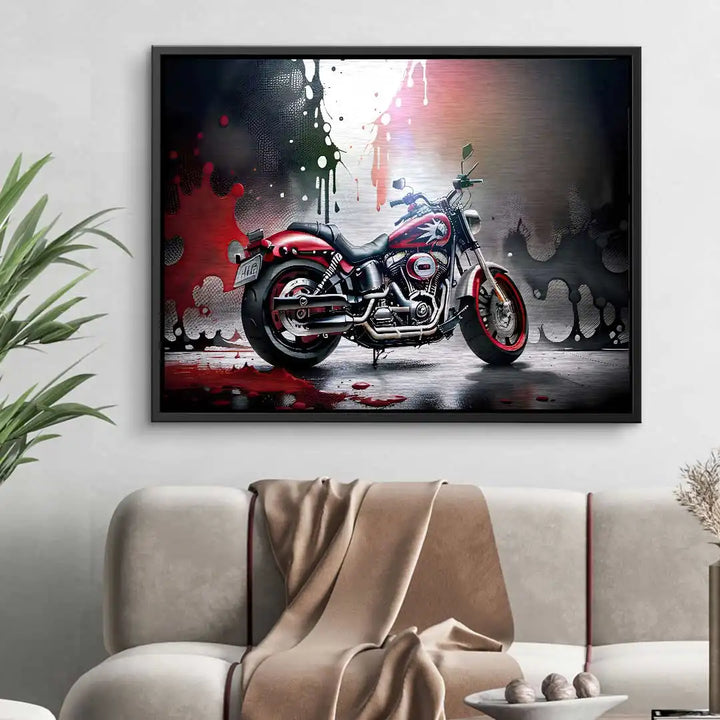 Modernes Wandbild mit rotem Motorrad und abstraktem Splash-Art-Hintergrund über Sofa