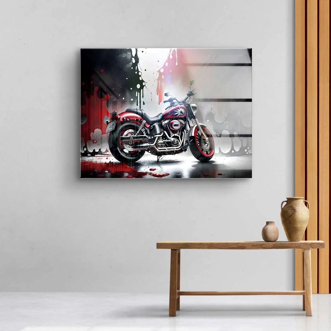 Modernes Wandbild mit Motorrad im Splash-Art-Stil, rote und schwarze Farbakzente, Wohnzimmer
