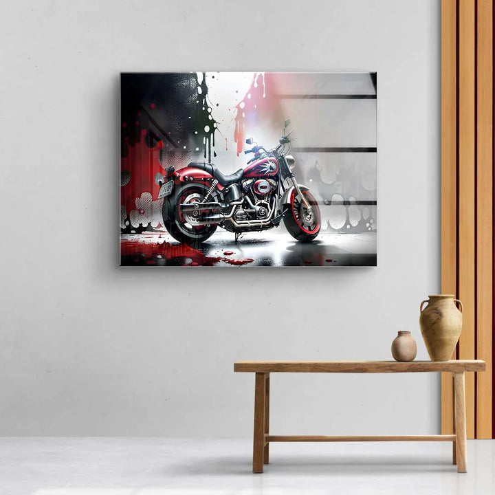 Modernes Wandbild mit Motorrad im Splash-Art-Stil, rote und schwarze Farbakzente, Wohnzimmer