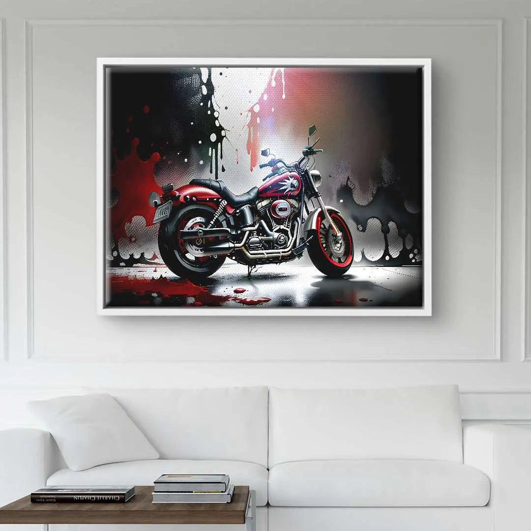 Modernes Wandbild mit rotem Motorrad im Splash-Art-Stil, aufgehängt über weißem Sofa