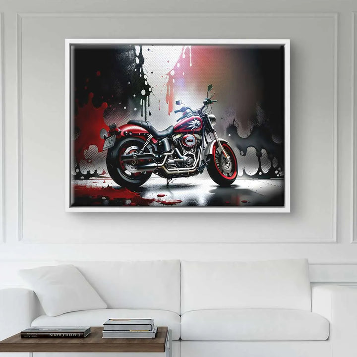 Modernes Wandbild mit rotem Motorrad im Splash-Art-Stil, aufgehängt über weißem Sofa