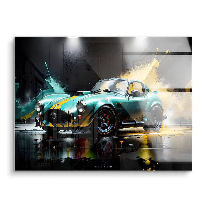 Acryl-Wandbild mit Oldtimer Auto und farbigen Splash-Effekten, modernes Kunstwerk