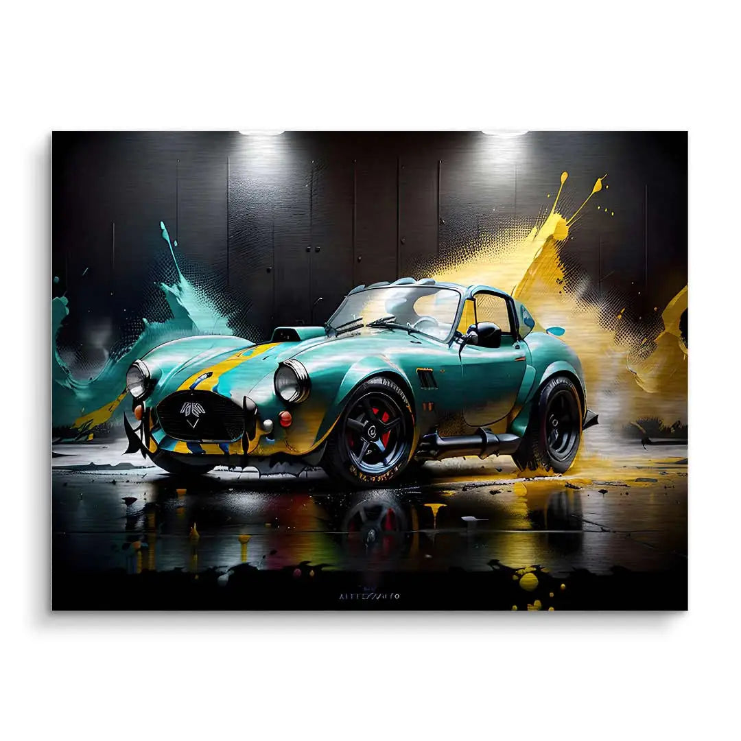 Wandbild mit Retro-Sportwagen vor bunter Splash-Kunst auf dunklem Hintergrund