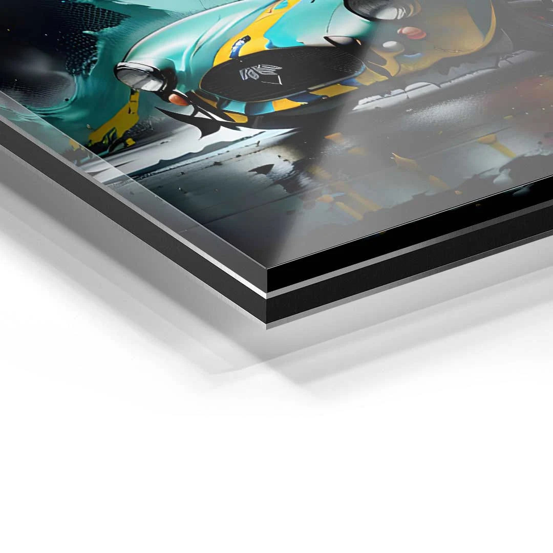 Acrylglas-Wandbild mit farbigem Oldtimer-Motiv und modernen Splash-Effekten in Nahaufnahme