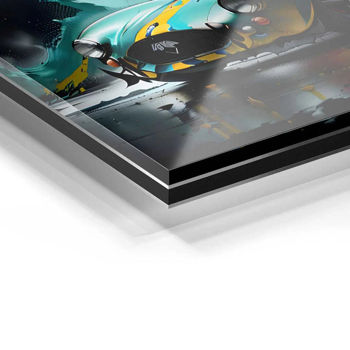 Acrylglas-Wandbild mit farbigem Oldtimer-Motiv und modernen Splash-Effekten in Nahaufnahme