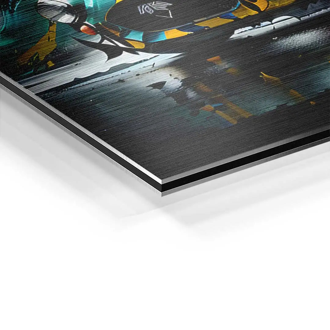 Detailaufnahme modernes Wandbild auf Aluminium mit bunten Splash-Effekten und gebürsteter Oberfläche