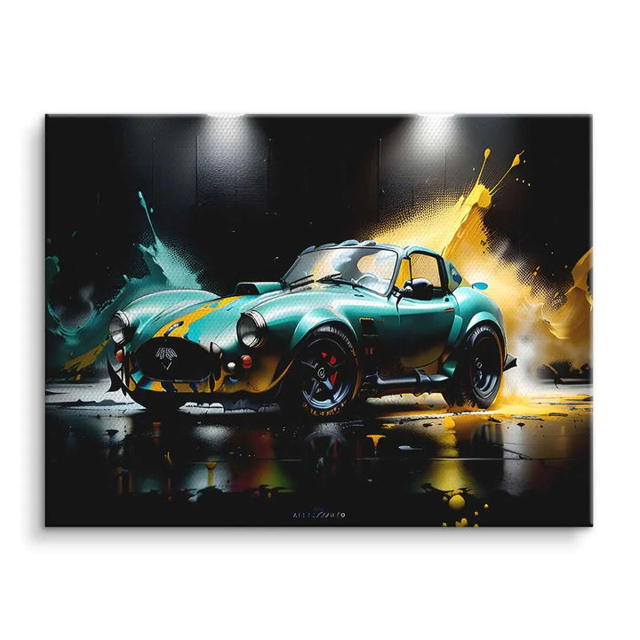 Modernes Wandbild mit grünem Oldtimer-Sportwagen und buntem Farbsplash auf Leinwand