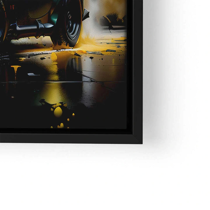 Modernes Wandbild mit Autoszene, gelben Farbspritzern und schwarzem Rahmen