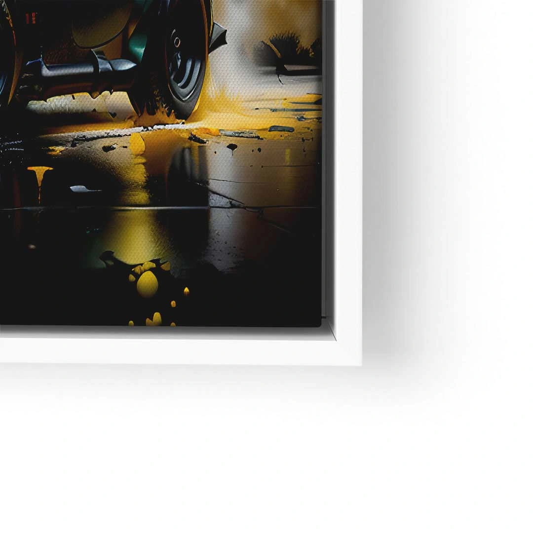 Modernes Wandbild mit Auto und gelben Farbspritzern auf dunklem Hintergrund im weißen Rahmen