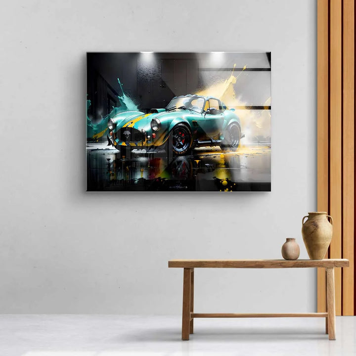 Modernes Wandbild mit Sportwagen und Farbspritzern, Kunst für Wohnzimmer oder Büro