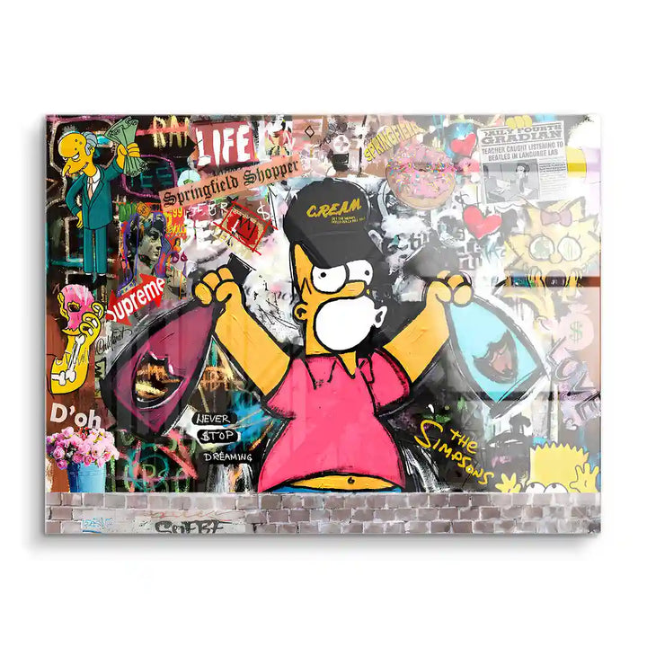 Buntes Wandbild im Pop Art Stil mit Simpsons-Motiv und Graffiti-Elementen, urban, modern