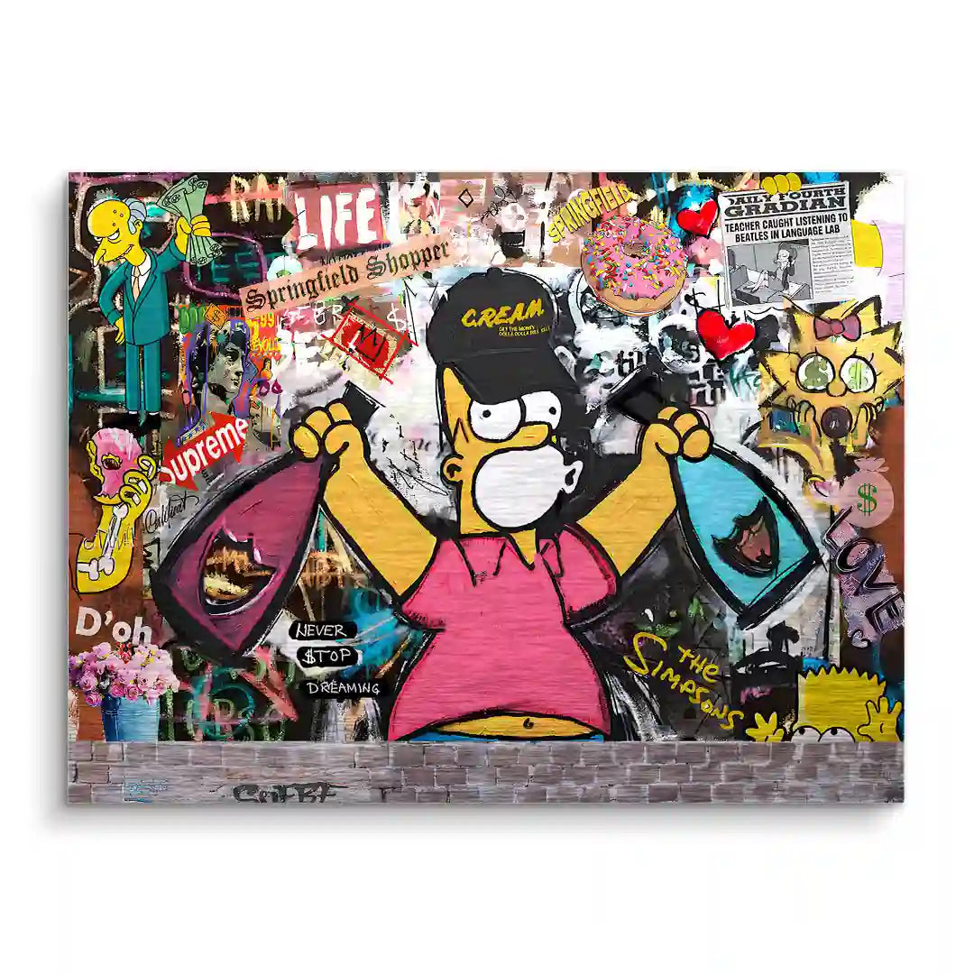 Pop Art Wandbild mit Comicfigur vor bunter Graffiti-Collage, moderne Kunst für Wohnzimmer