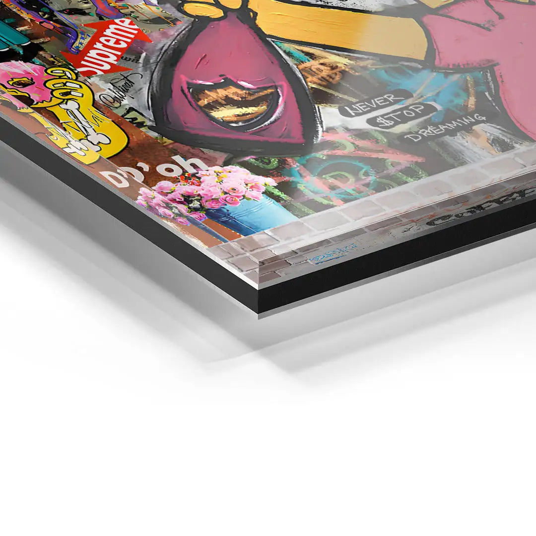 Detailaufnahme Acrylglas-Wandbild mit Pop Art Motiv, Graffiti, Blumen und bunten Farben
