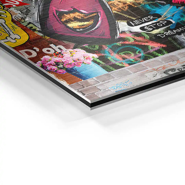 Detailansicht Pop Art Wandbild mit buntem Graffiti, Blumen und Comic-Elementen auf Aluminium