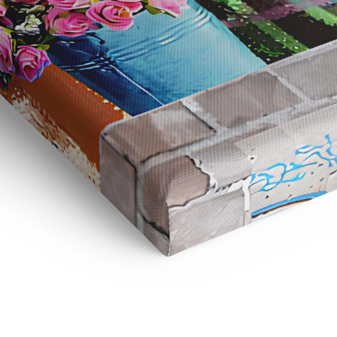 Detailansicht Wandbild auf Leinwand mit Blumenmotiv und Backsteinmuster