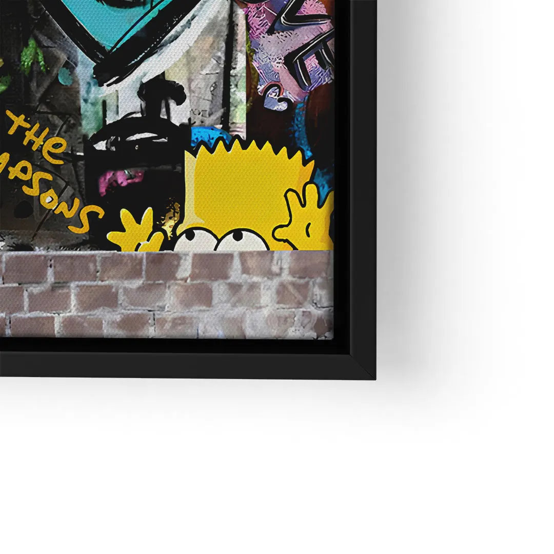 Leinwandbild mit gelber Comicfigur, Graffiti und Backsteinmauer im Pop Art Stil