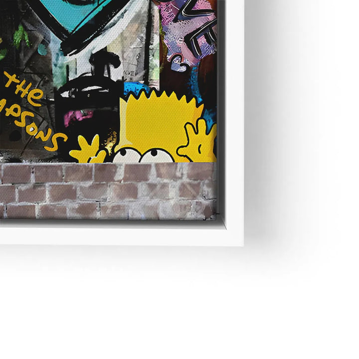 Modernes Wandbild mit Comic-Graffiti und gelber Cartoonfigur vor Backsteinmauer
