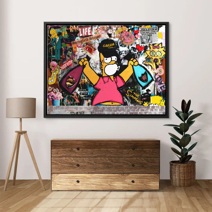 Modernes Wandbild mit Simpsons-Figur und buntem, urbanem Graffiti im Wohnzimmer