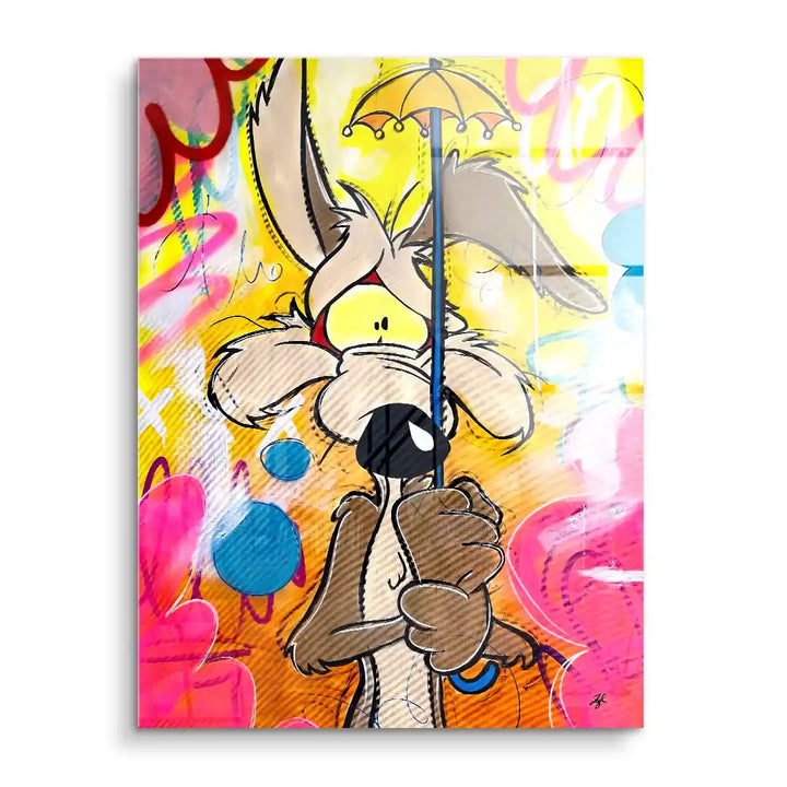 Farbenfrohes Wandbild mit Comicfigur und Regenschirm, Graffiti-Hintergrund, Pop Art Stil