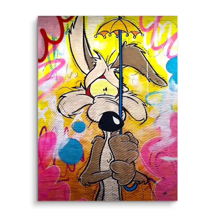 Pop Art Wandbild mit Comic-Figur, hält Regenschirm vor buntem Graffiti-Hintergrund