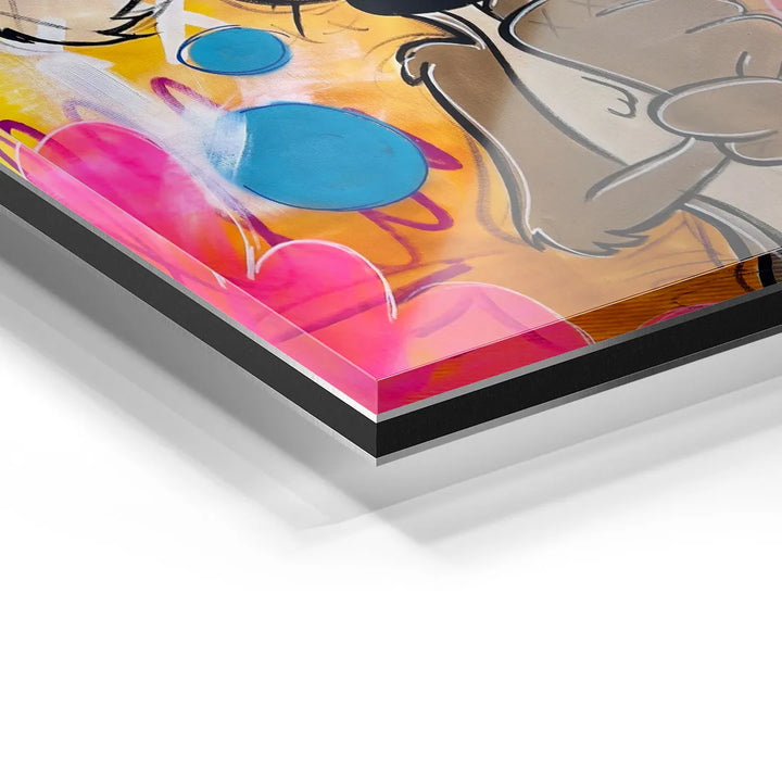 Detailaufnahme Acrylglas Wandbild, bunte Pop Art mit Comic-Motiv in Pink, Blau und Gelb