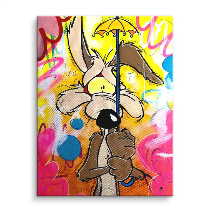 Buntes Wandbild mit Comicfigur, die einen gelben Regenschirm hält, Street-Art Stil