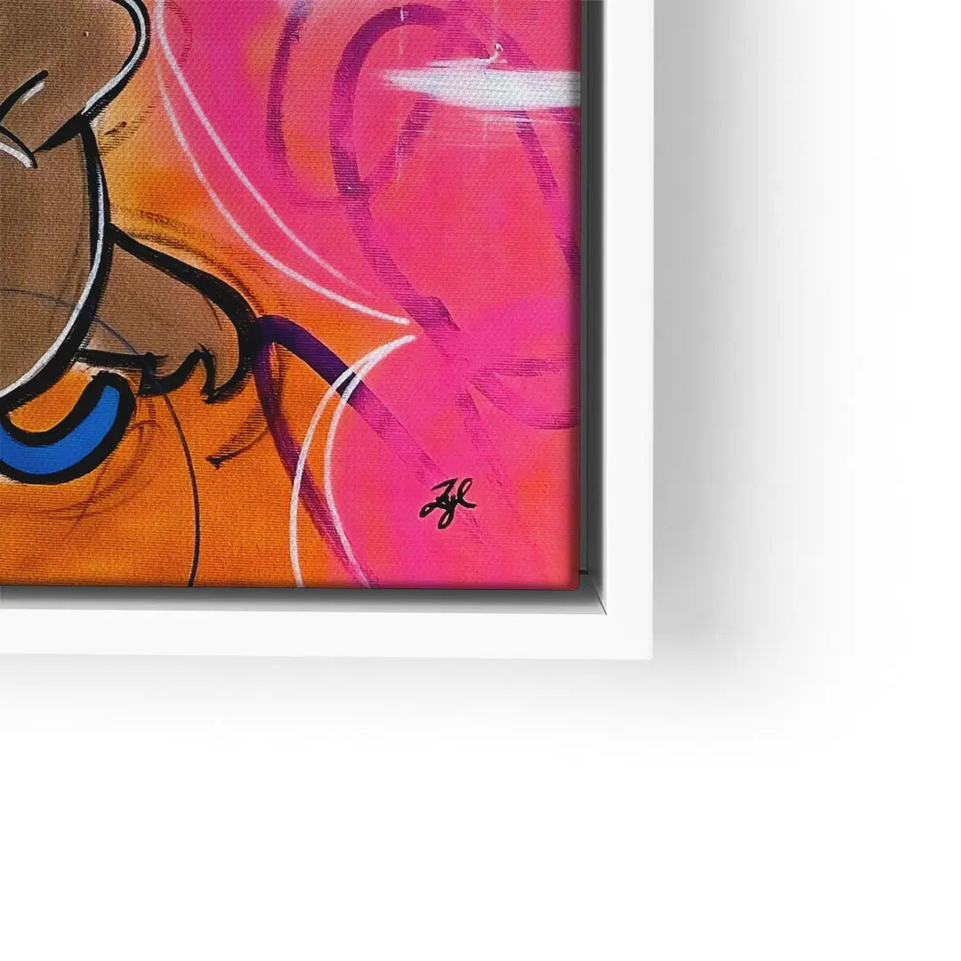 Buntes Wandbild mit Comicfigur, orange-rosa Hintergrund, moderne Kunst auf Leinwand