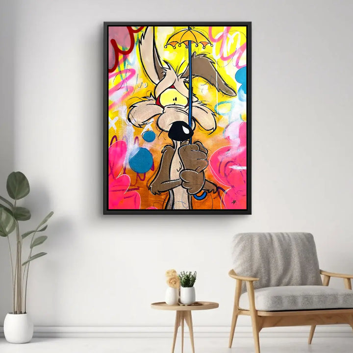 Buntes Wandbild mit Cartoon-Figur und Regenschirm, modernes Wohnzimmer, Pop Art Stil