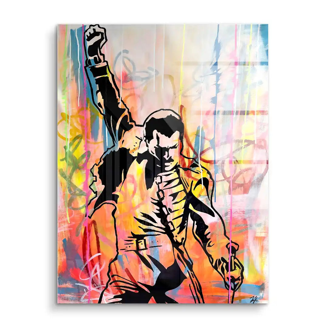 Farbiges Wandbild mit stilisierter Figur in Siegerpose vor Graffiti-Hintergrund, Acrylkunst