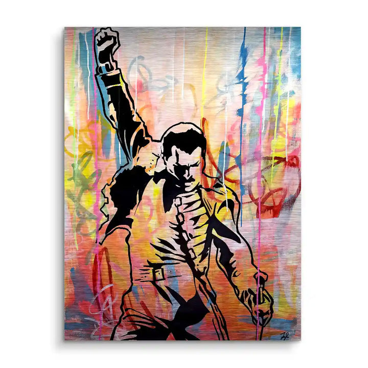 Modernes Wandbild mit bunter Street-Art-Optik und stilisierter Person mit erhobener Faust.