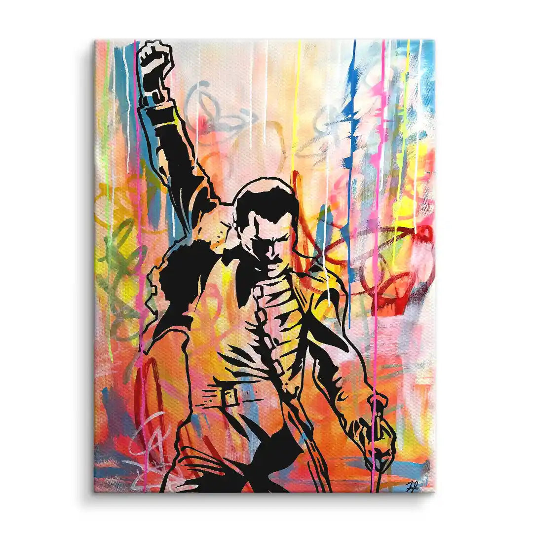 Buntes Wandbild auf Leinwand mit Pop Art Stil, tanzende Person mit erhobener Faust, Graffiti-Hintergrund