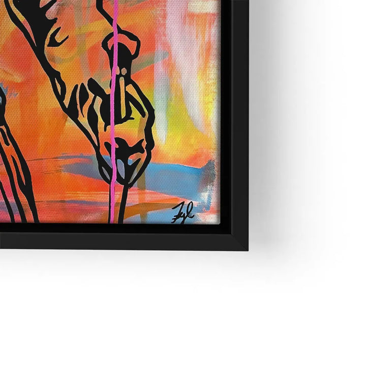 Modernes Wandbild mit bunter abstrakter Kunst und schwarzen Linien in schwarzem Rahmen