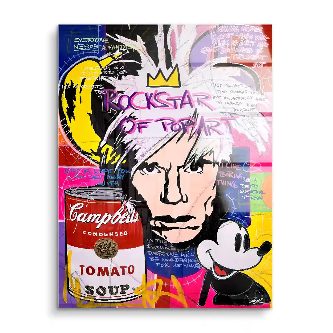 Pop Art Wandbild mit Porträt, Campbell’s Tomatensuppe und Maus-Illustration, bunt, modern