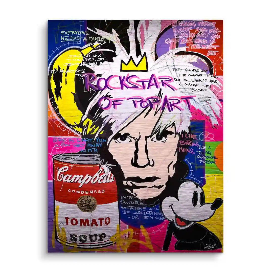 Pop Art Wandbild mit Porträt, Campbell's Tomato Soup Dose und Comic-Elementen, bunte Graffiti-Optik
