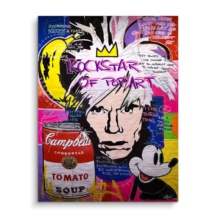 Pop Art Wandbild mit Porträt, Campbell's Tomato Soup Dose und Comic-Elementen, bunte Graffiti-Optik