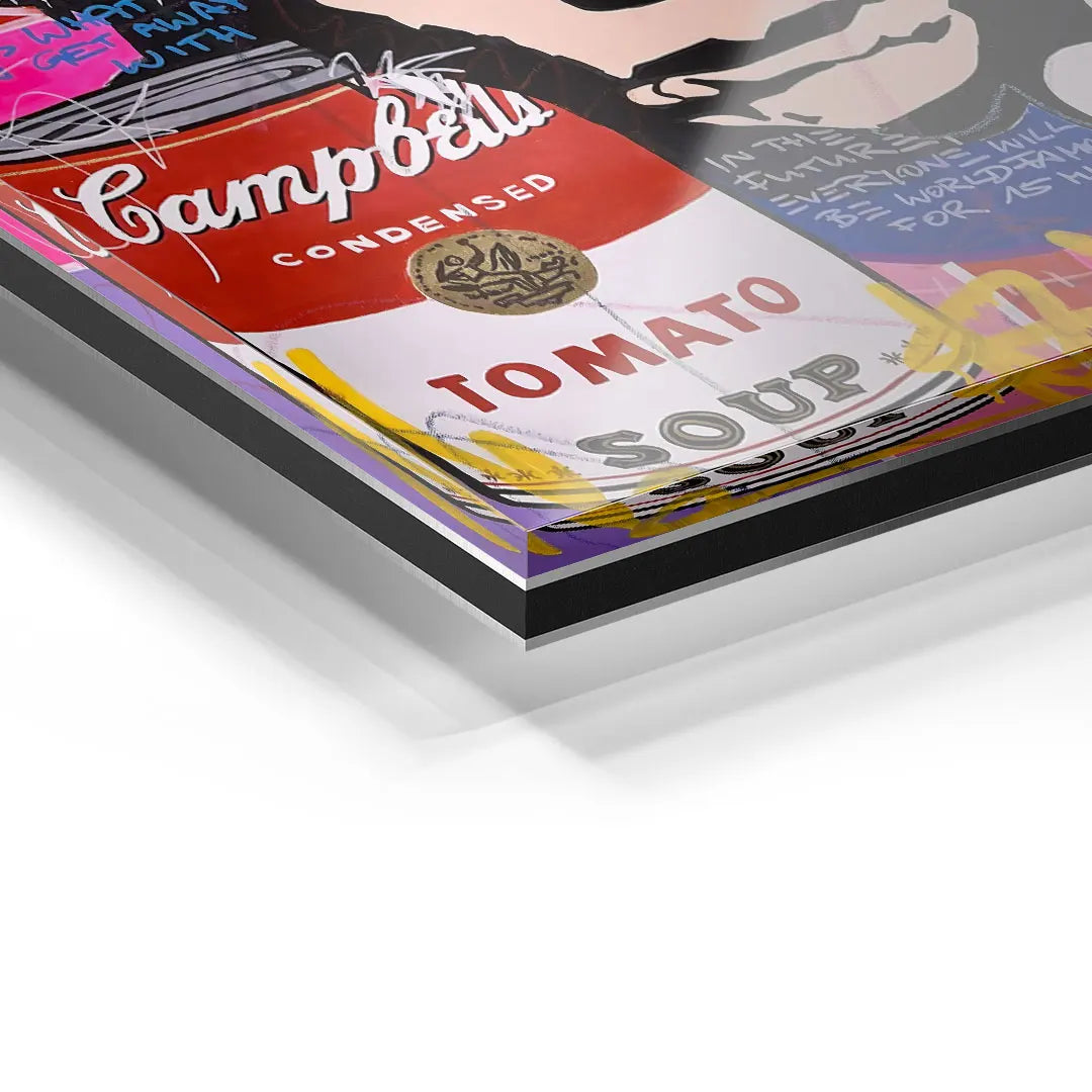 Detailaufnahme Acrylglas-Wandbild mit Pop Art Campbell's Tomatensuppe-Motiv, bunte Graffiti-Elemente