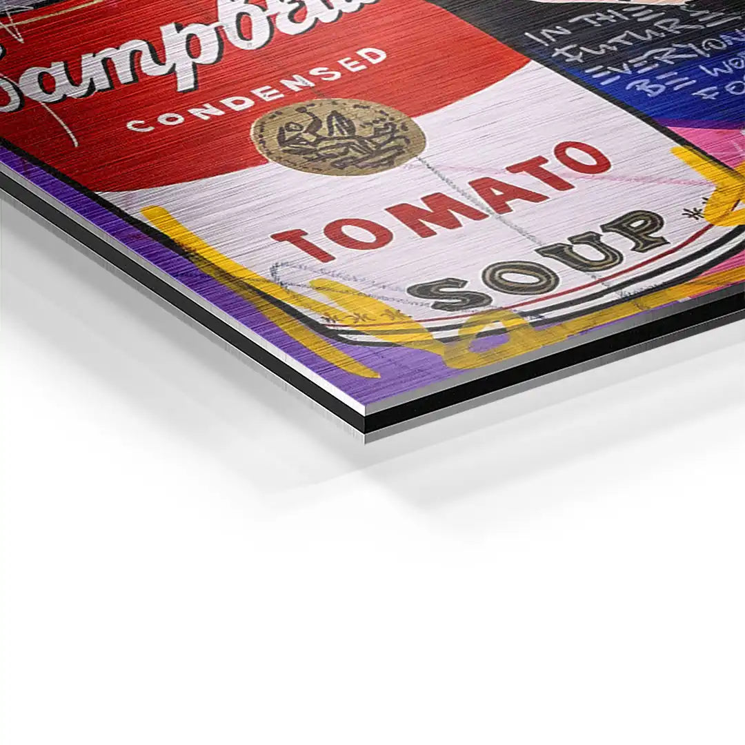 Modernes Pop Art Wandbild mit Tomatensuppe-Dose, bunte Farben auf Aluminiumplatte