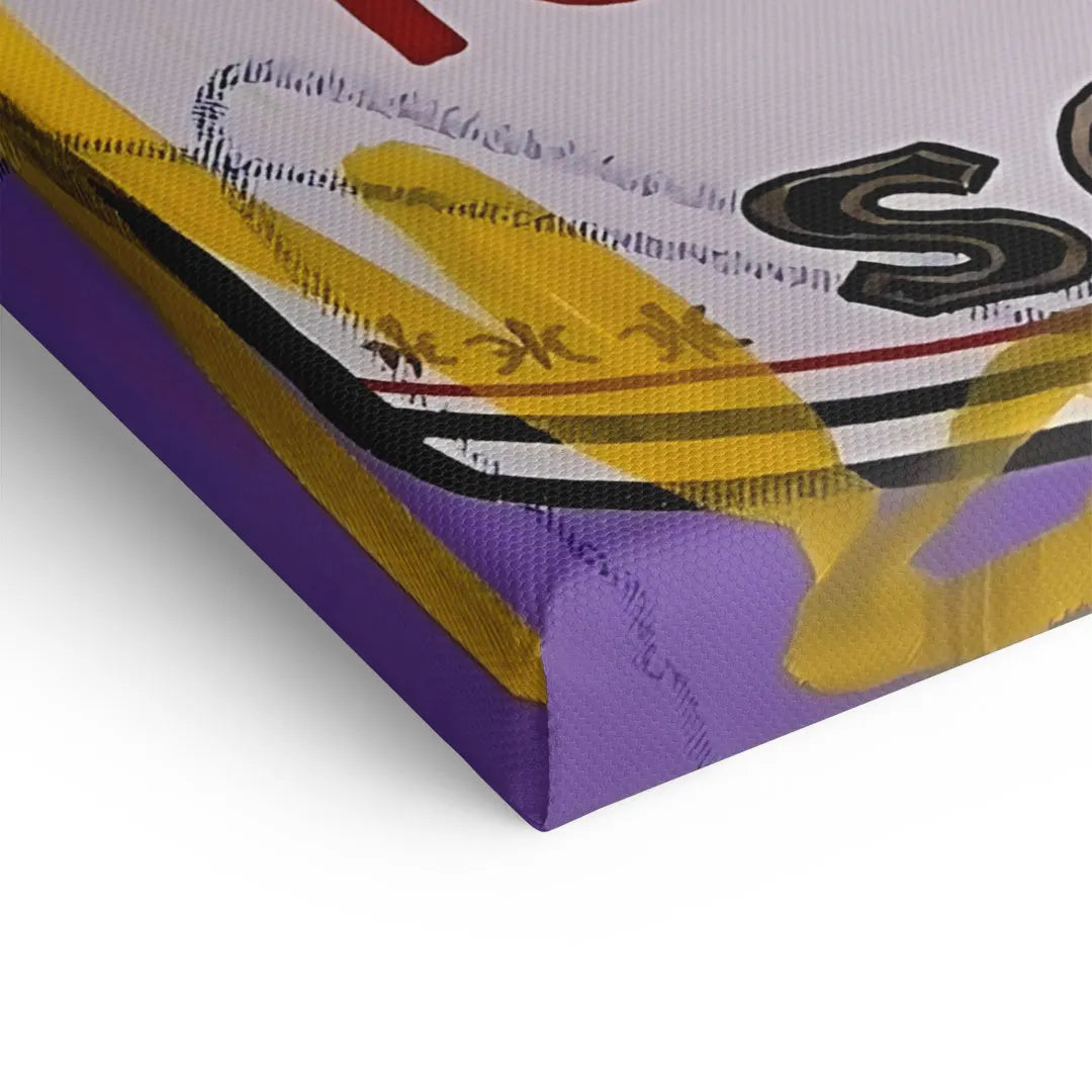 Detailansicht Leinwandbild mit buntem grafischem Kunstmotiv und violettem Rand