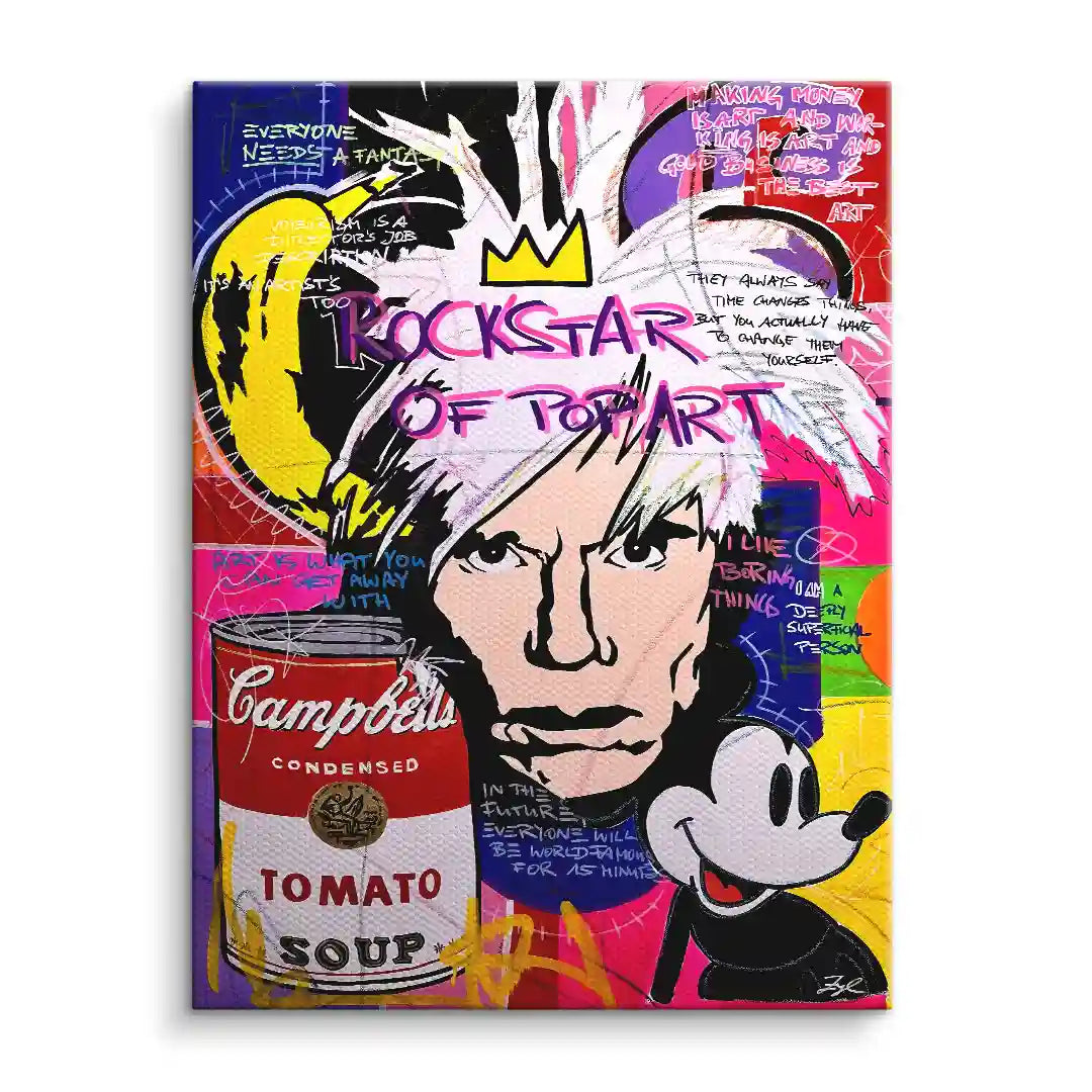 Pop Art Wandbild mit gezeichnetem Porträt, Campbell's Suppendose und Comic-Maus auf bunter Leinwand