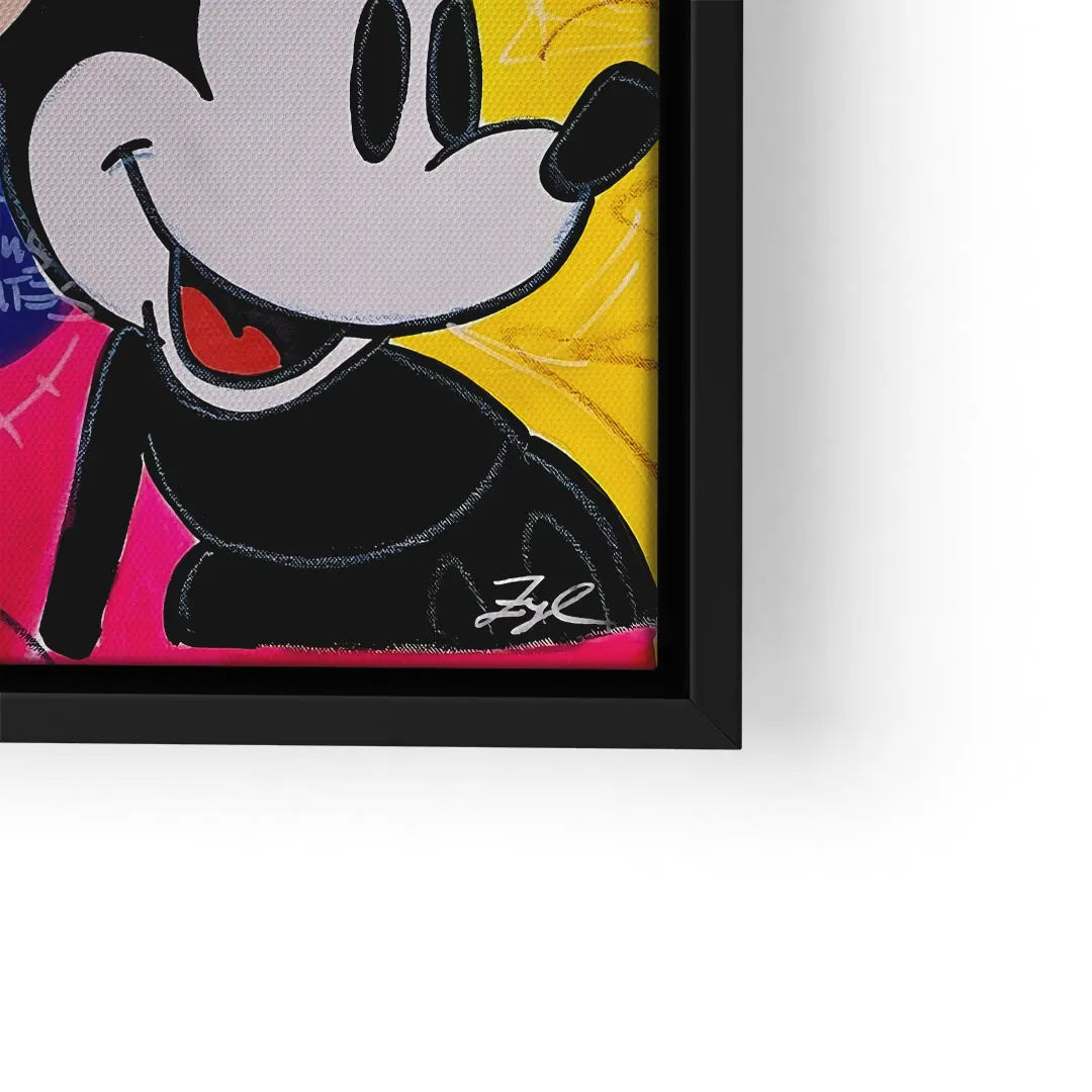 Modernes Wandbild mit comicartiger Mausfigur auf buntem Hintergrund, gerahmt, Pop Art Stil