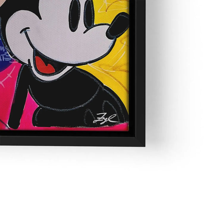 Modernes Wandbild mit comicartiger Mausfigur auf buntem Hintergrund, gerahmt, Pop Art Stil