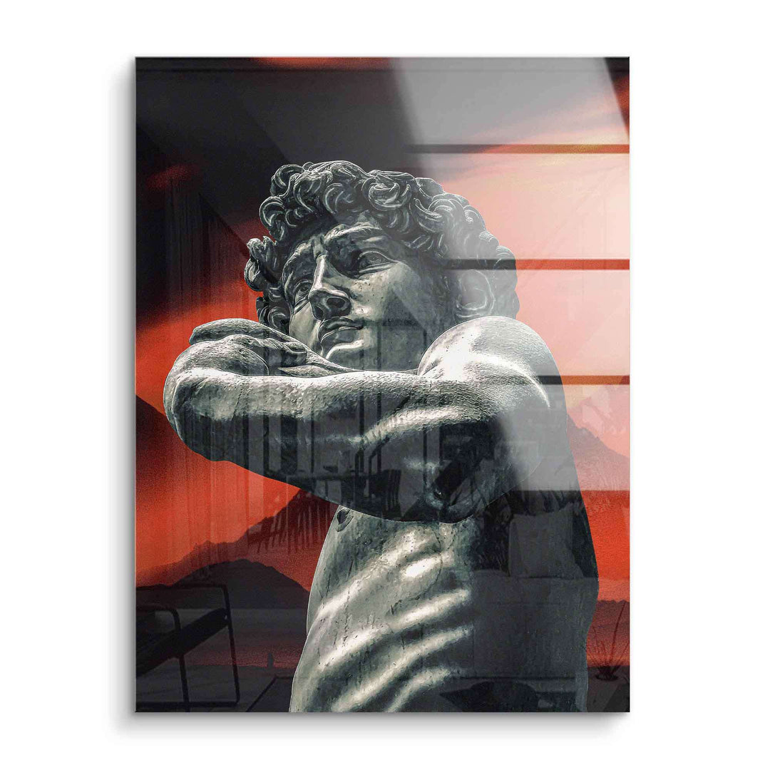 Modernes Wandbild Statue David auf Acrylglas mit rotem Hintergrund, Kunstmotiv