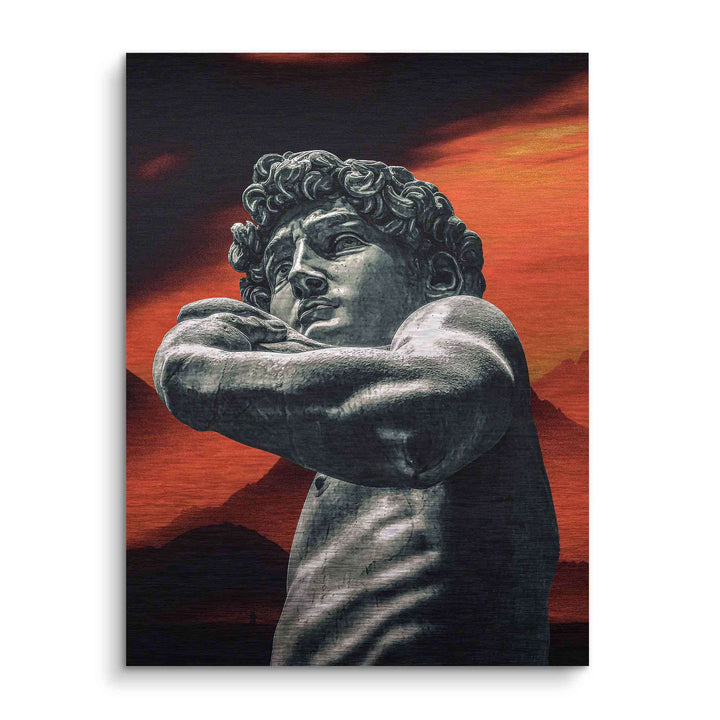 Wandbild mit David-Statue vor rotem Himmel, moderne Kunst, Pop Art Stil