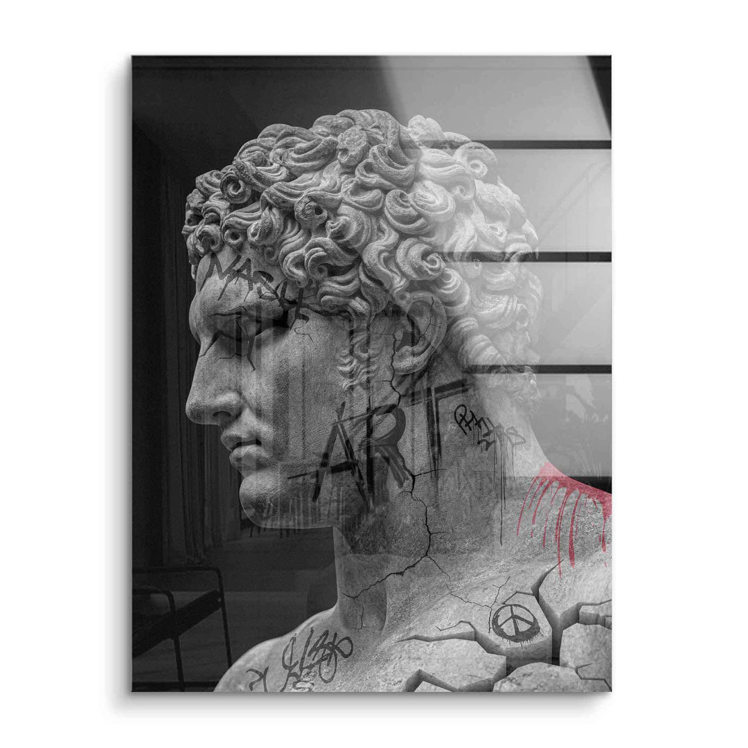 Modernes Wandbild mit antiker Kopfstatue, Graffiti und Rissen, Kunst auf Acrylglas