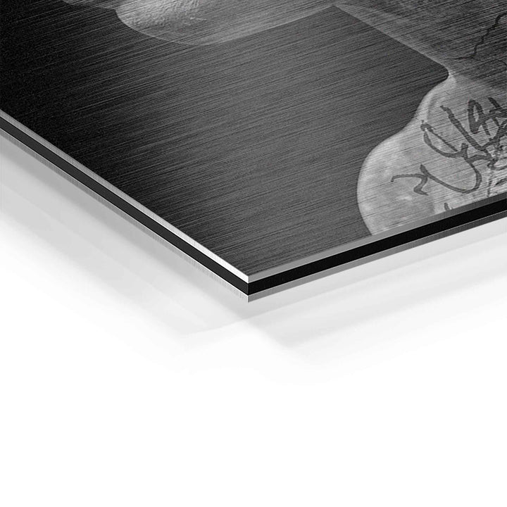 Detail eines modernen Wandbildes mit Statue-Kopf in Schwarz-Weiß auf Aluminiumplatte